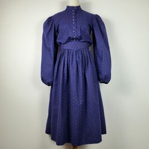 Alphorn VINTAGE Blue Traditional Austrian Folk Buttoned DRESS 100% Cotton
